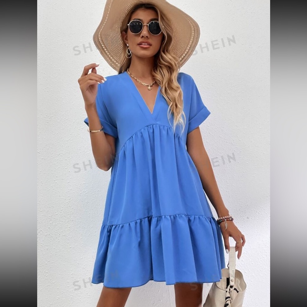 LUNE Roll Cuff Ruffle Hem Solid Dress - Picture 5 of 6